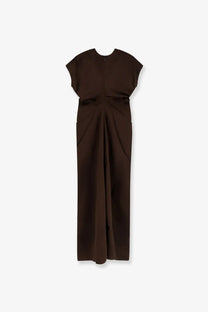 Toteme women’s long viscose dress in dark brown satin with short sleeves and a cinched waist