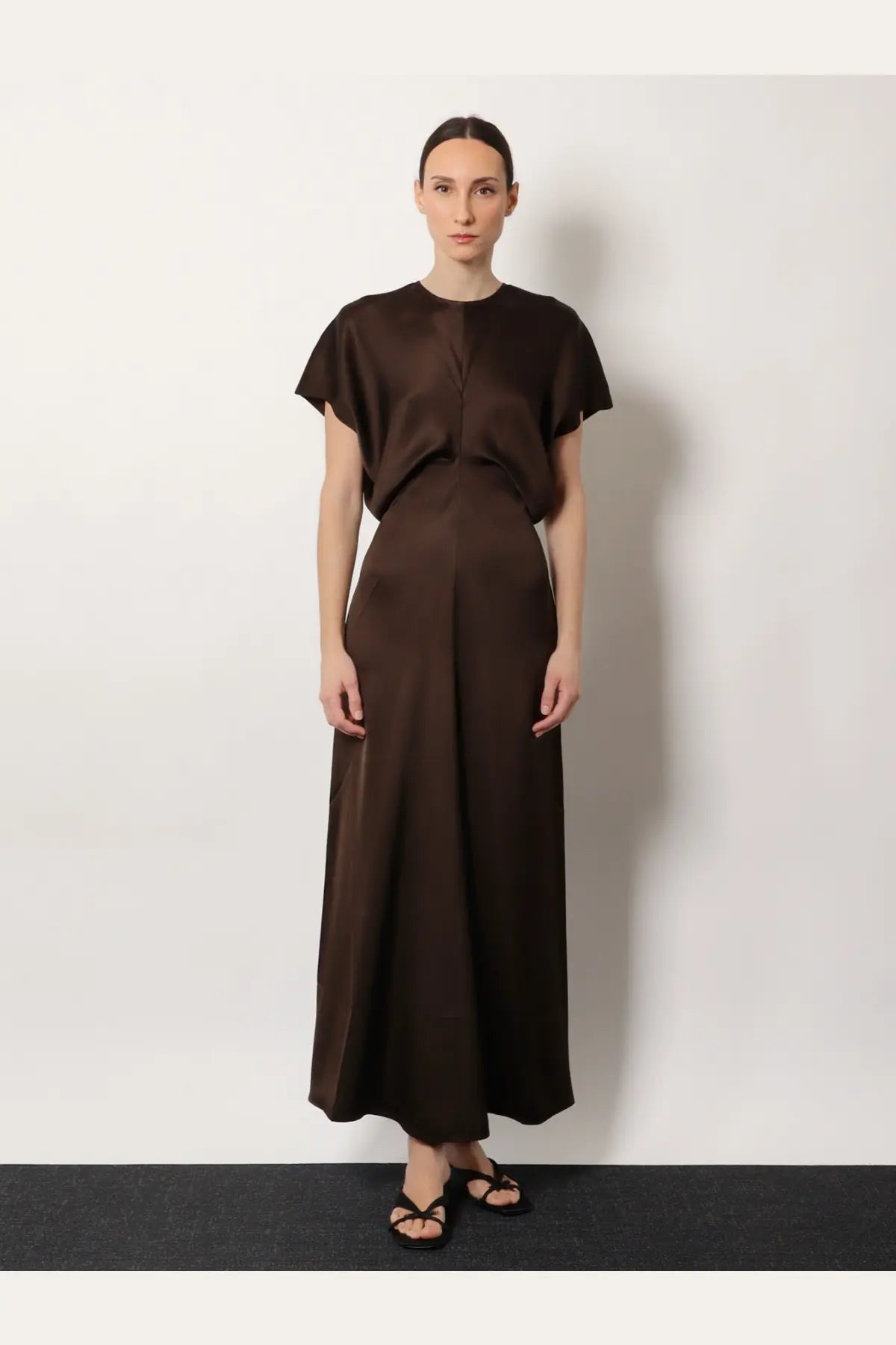Toteme women’s brown satin two-piece outfit with short-sleeved top and wide-leg trousers in viscose blend