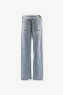 Toteme women’s low straight grey jeans made of organic cotton with light-wash denim and frayed hems