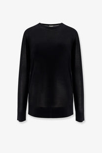 Toteme women’s lyocell black sweater with long sleeves crew neck and smooth soft fabric front view