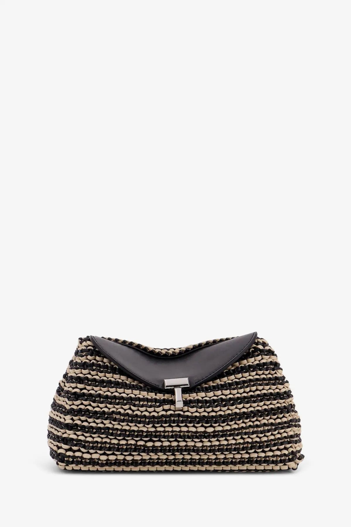 Toteme women’s mini lock clutch in black leather with black and beige woven body and silver tone t clasp