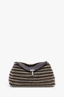 Toteme women’s mini lock clutch in black leather with black and beige woven body and silver tone t clasp