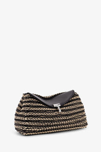 Toteme women’s mini lock clutch in black leather with black and beige woven body and silver t-shaped clasp