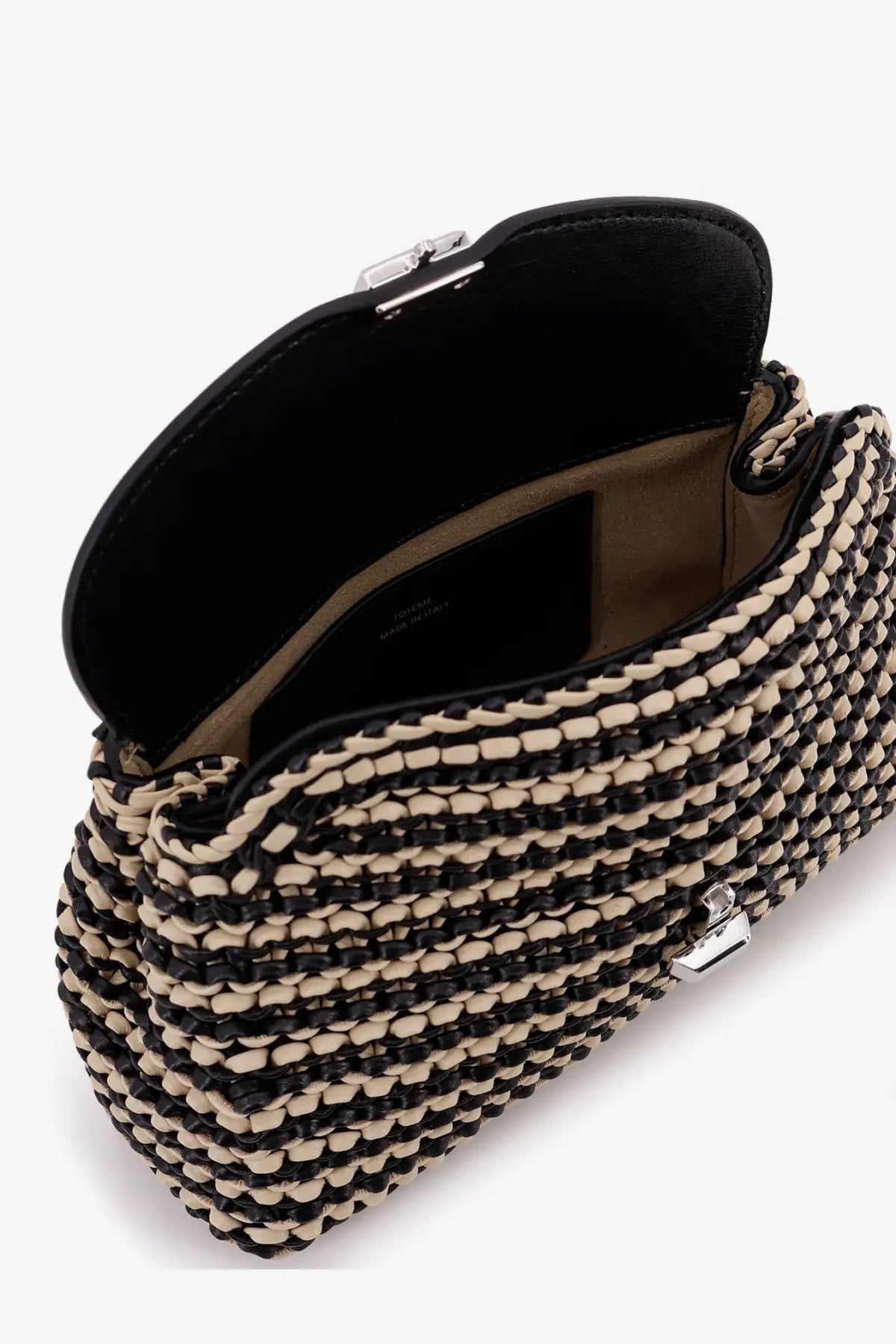 Toteme women’s mini lock clutch leather black with black and beige woven strap and silver-tone hardware