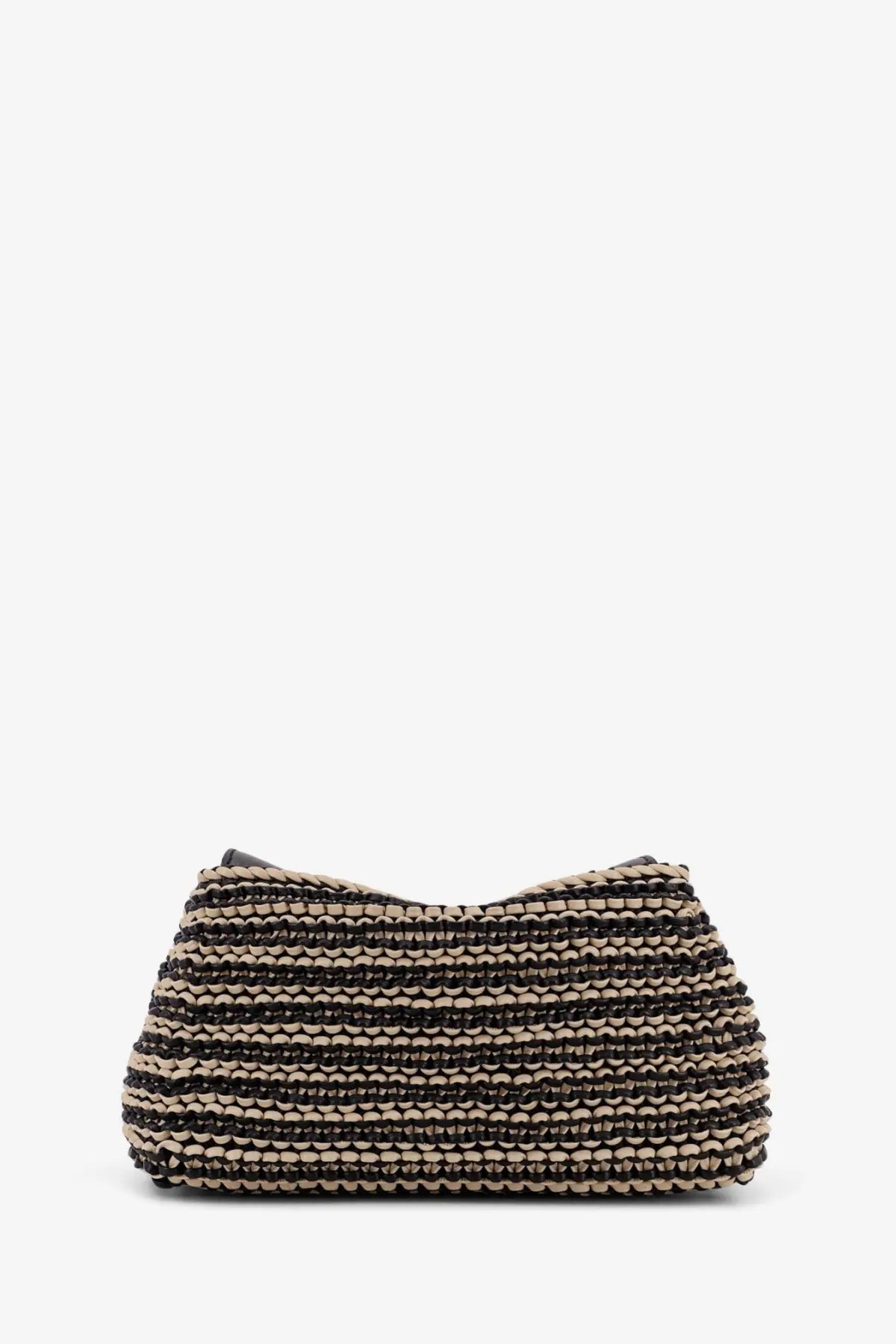 Toteme women’s mini lock clutch in leather black with woven textured raffia-like horizontal black and beige stripes