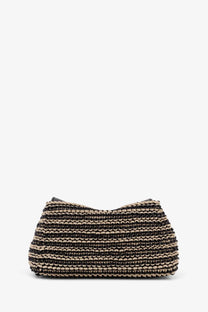 Toteme women’s mini lock clutch in leather black with woven textured raffia-like horizontal black and beige stripes