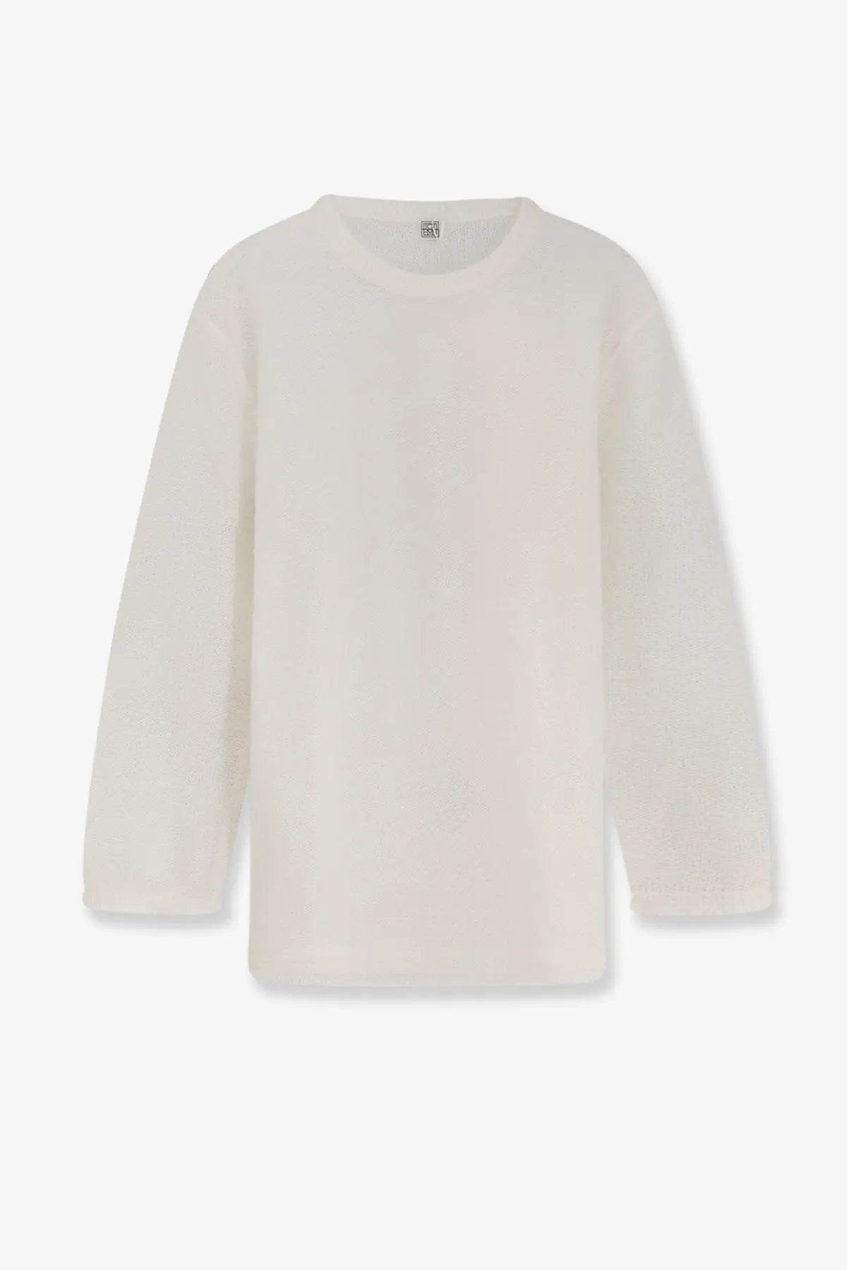 Cream-colored long-sleeved cotton t-shirt with a simple crew neck under toteme women’s mohair and wool blend sweater white