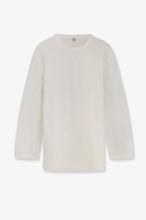Cream-colored long-sleeved cotton t-shirt with a simple crew neck under toteme women’s mohair and wool blend sweater white