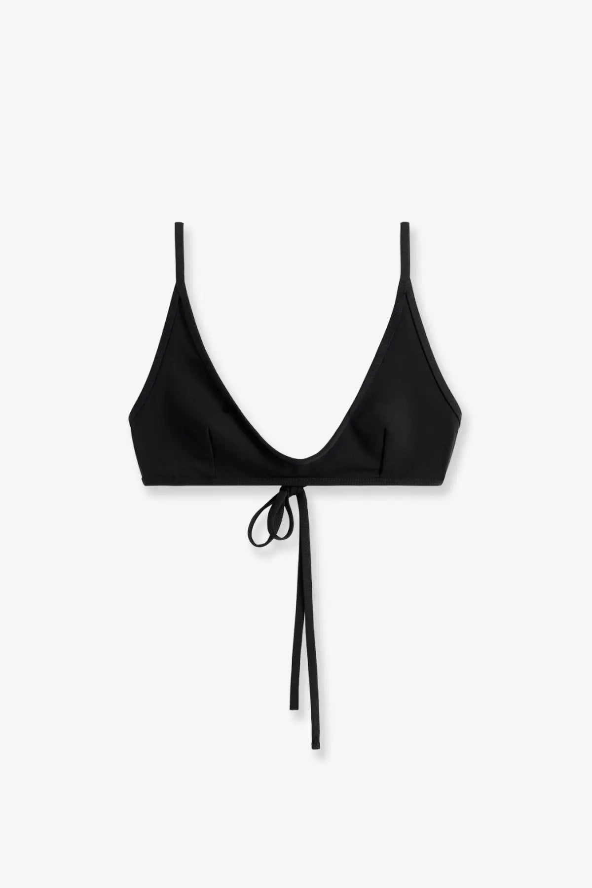 Toteme women’s black nylon bikini top with thin straps and tied front closure in a black triangle design