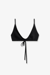 Toteme women’s black nylon bikini top with thin straps and tied front closure in a black triangle design