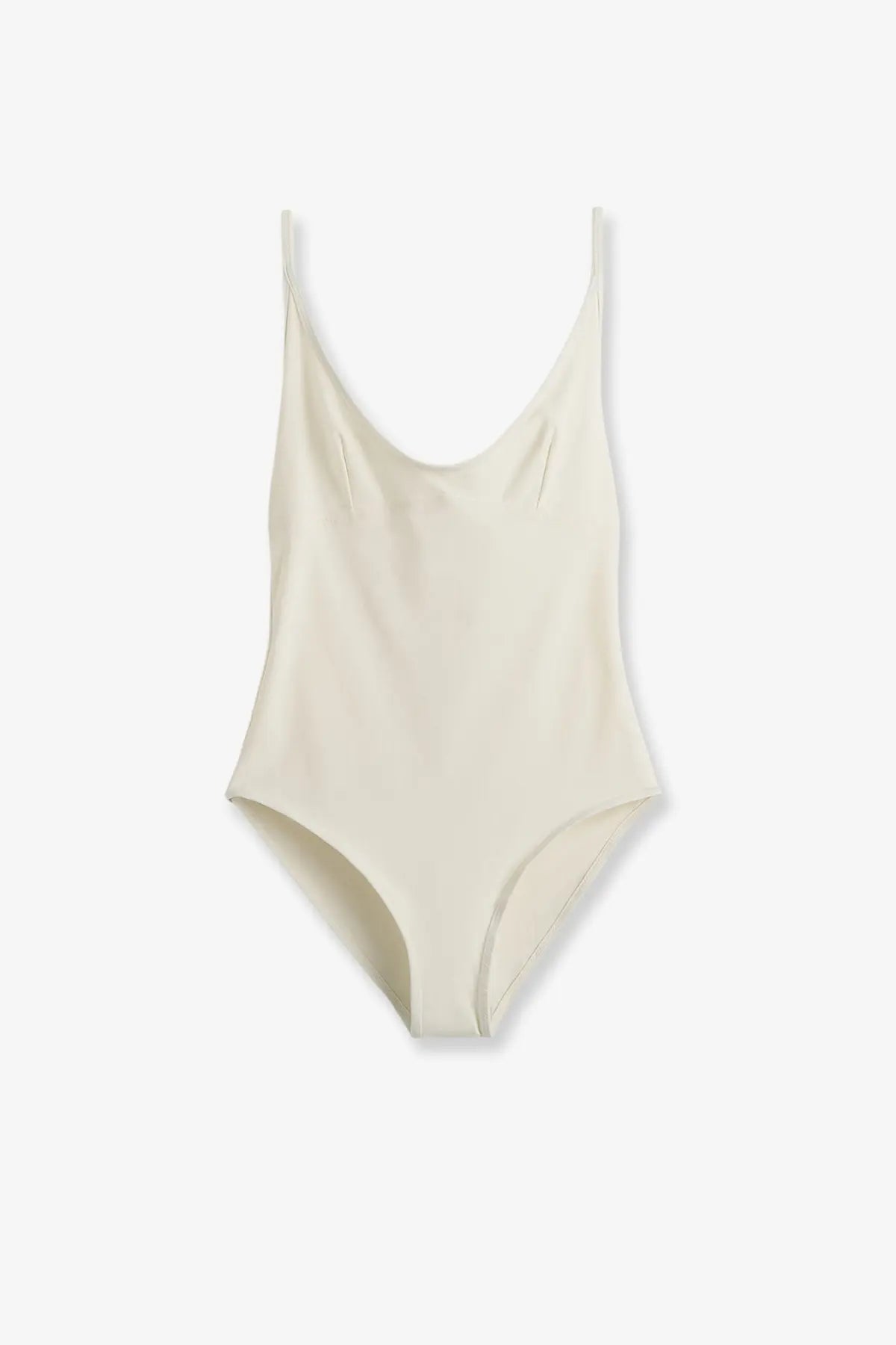 Toteme women’s cream nylon one-piece swimsuit with thin spaghetti straps and sleek minimalist design front view
