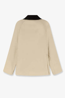 Beige Toteme women’s organic cotton summer country jacket with contrasting black collar and long sleeves
