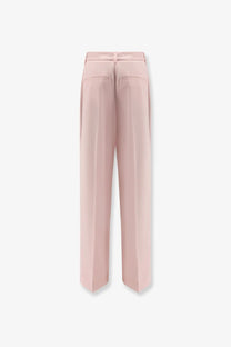 A pair of toteme women’s pale pink high waisted wide leg organic cotton trousers with satin finish back view