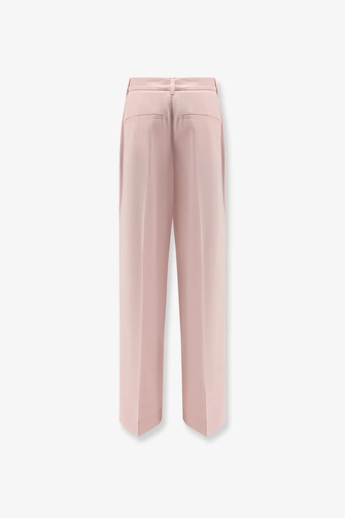 A pair of toteme women’s pale pink high waisted wide leg organic cotton trousers with satin finish back view