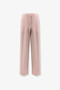 Toteme women’s organic cotton trousers in soft blush pink with wide-leg, tailored fit, and subtle waist pleats