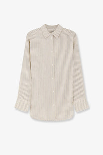 Toteme women’s oversized striped silk shirt in beige with black vertical stripes, classic collar, and long sleeves