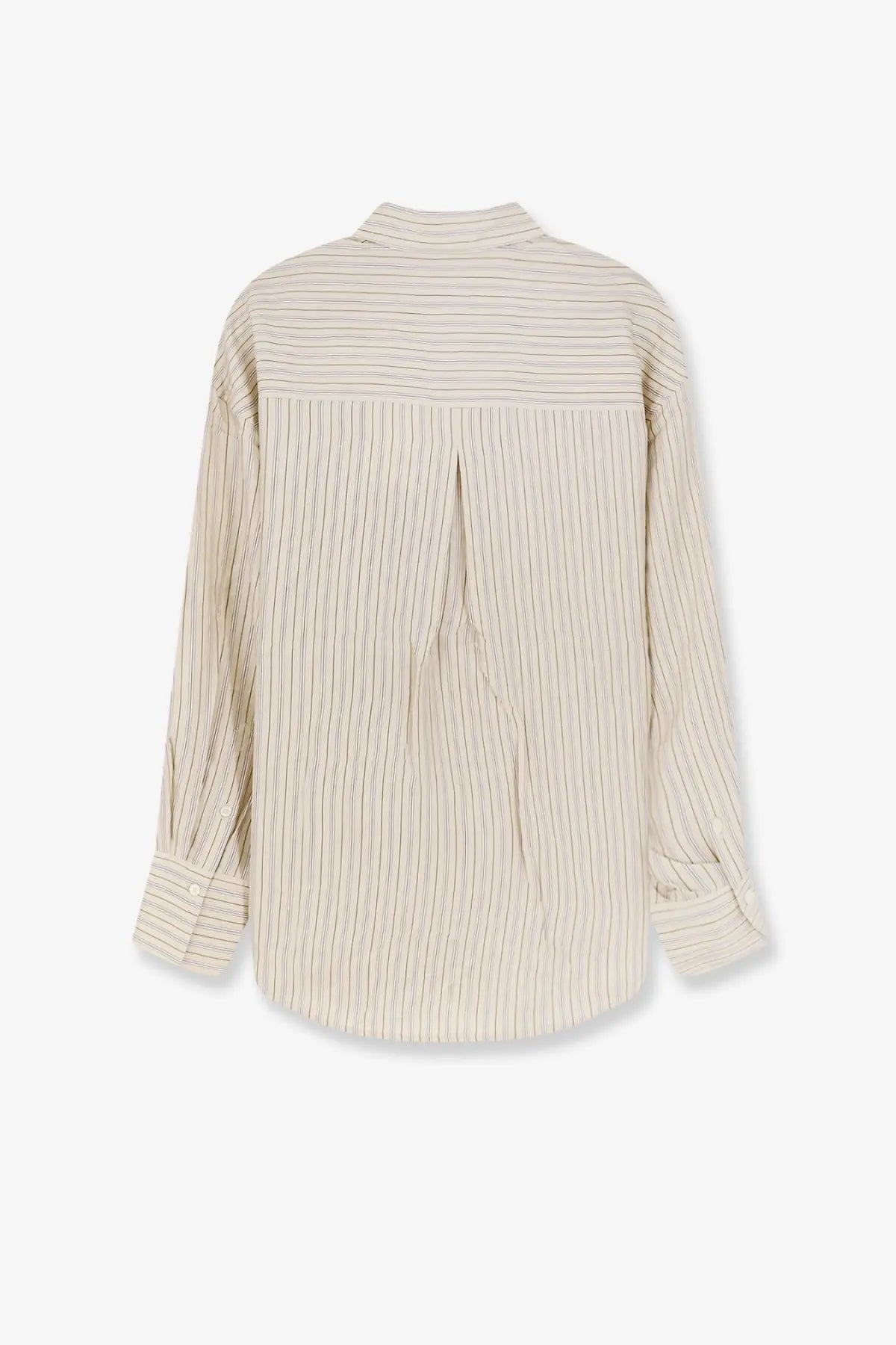 Toteme women’s oversized striped silk shirt beige with black and beige vertical stripes and a relaxed fit long sleeve