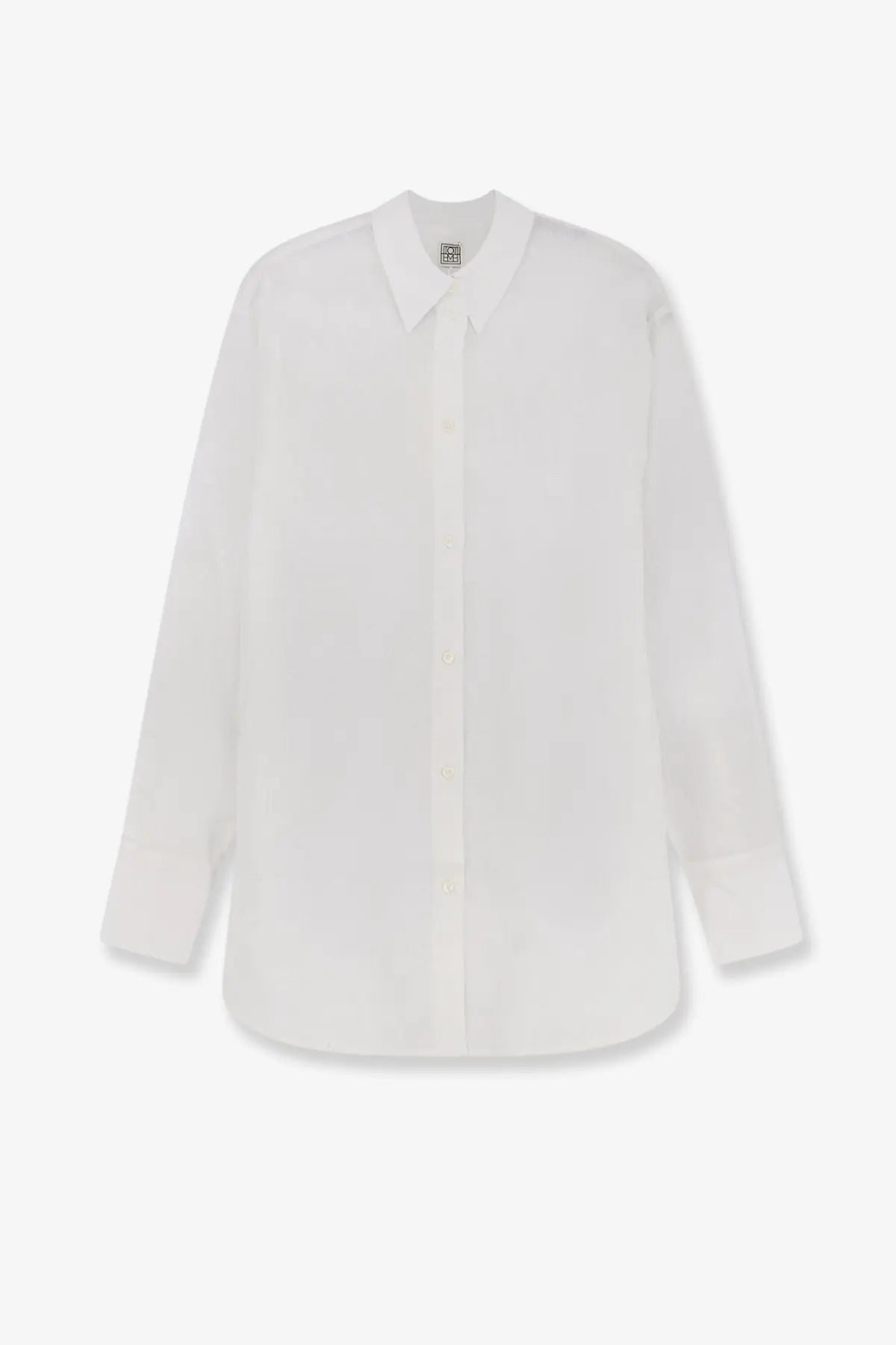 Toteme women’s oversized white long-sleeved cotton and linen shirt with classic collar and pleated cuffs