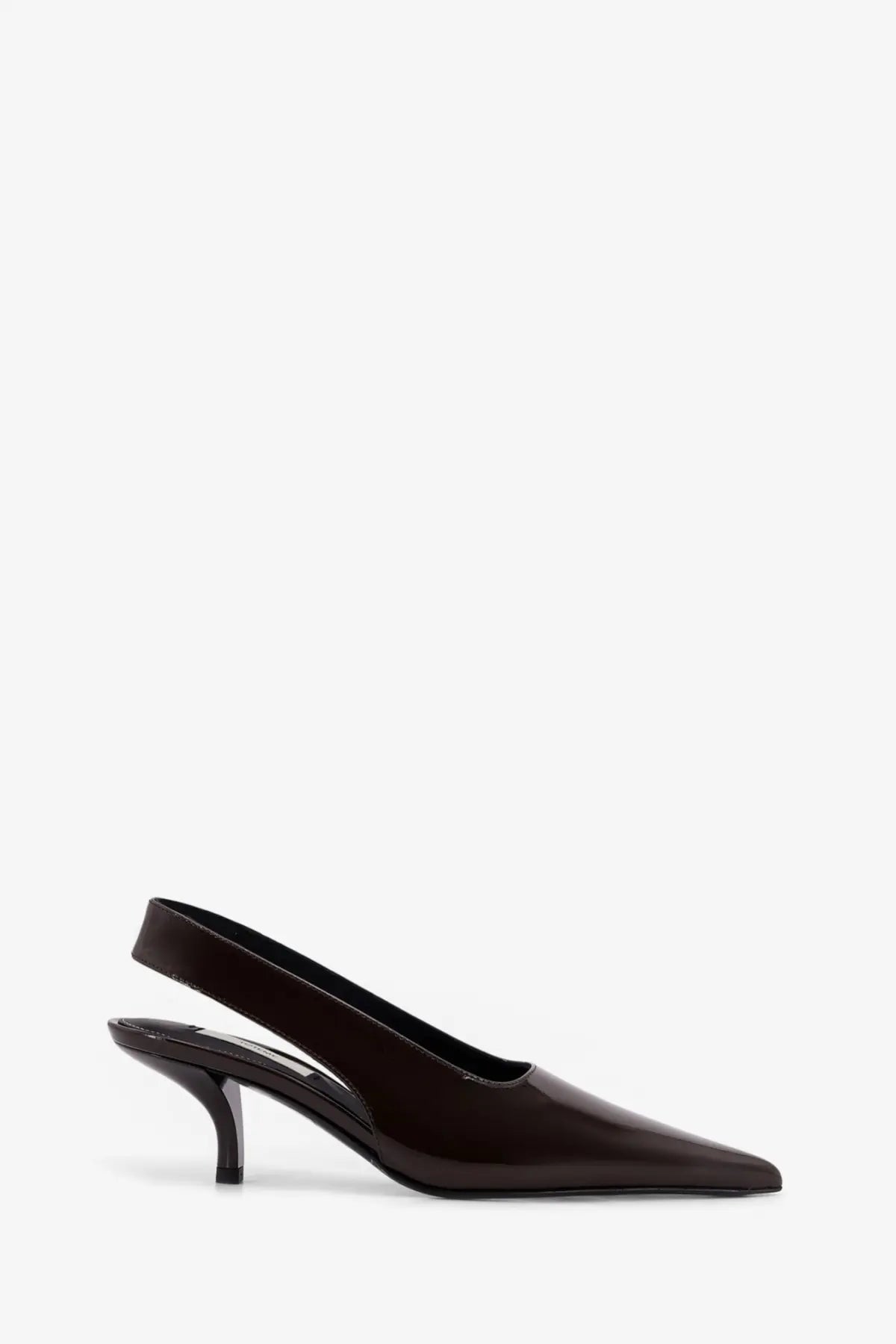Toteme women’s black patent leather slingback pump with sleek pointed toe and slender heel in brown