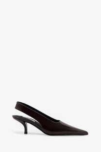 Toteme women’s black patent leather slingback pump with sleek pointed toe and slender heel in brown