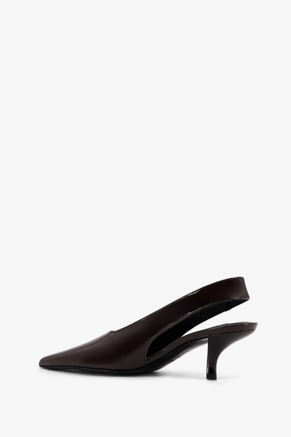Toteme women’s dark brown patent leather slingback pump with pointed toe and slender heel, front view