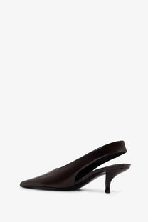 Toteme women’s dark brown patent leather slingback pump with pointed toe and slender heel, front view