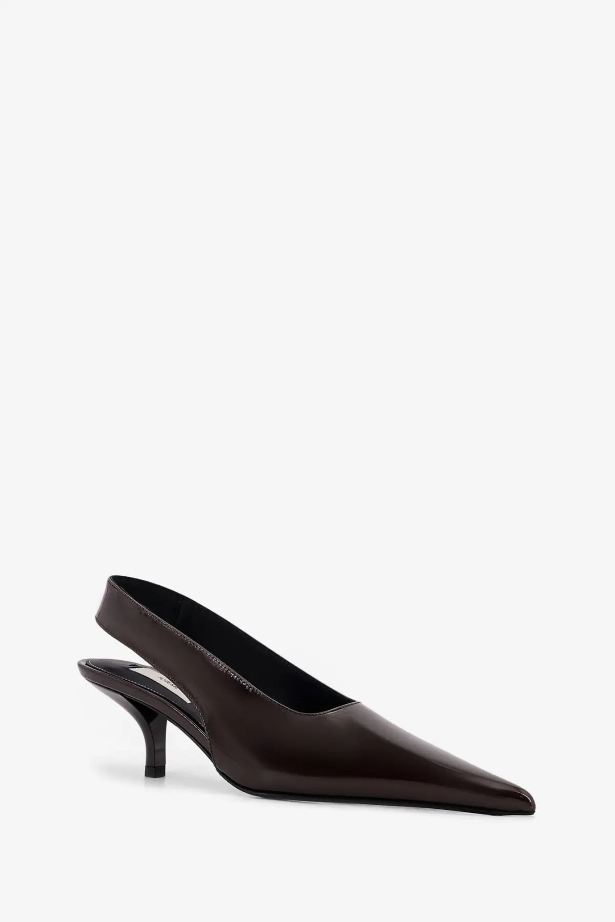 Toteme women’s dark brown patent leather slingback pump with a sleek pointed toe and slender heel