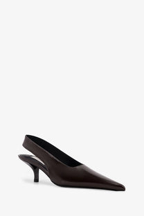 Toteme women’s dark brown patent leather slingback pump with a sleek pointed toe and slender heel