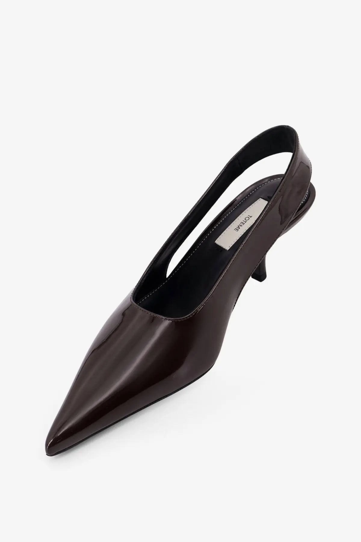 Toteme women’s brown patent leather slingback pump with pointed toe and slender heel in glossy finish