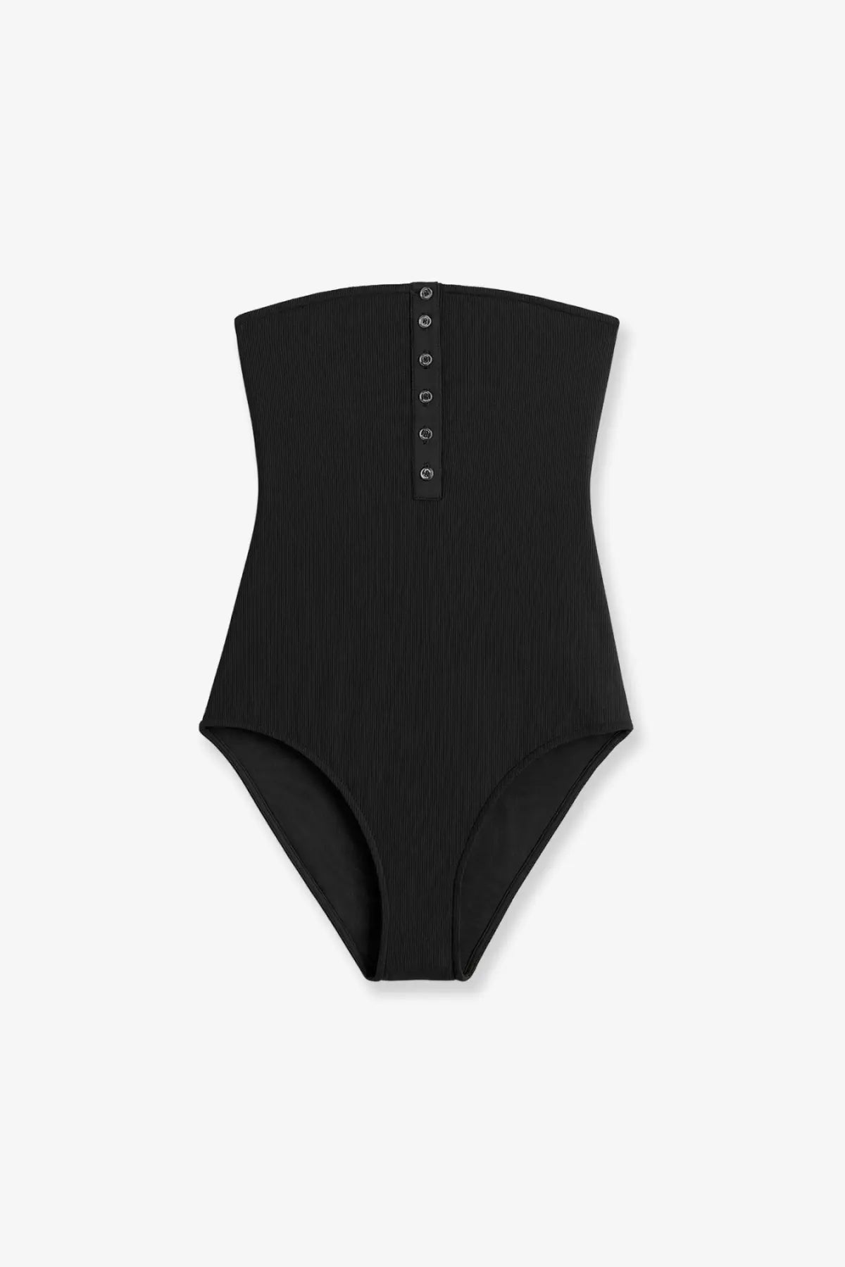 Toteme women’s one piece swimsuit in black ribbed fabric with central button closure for stylish swimwear look