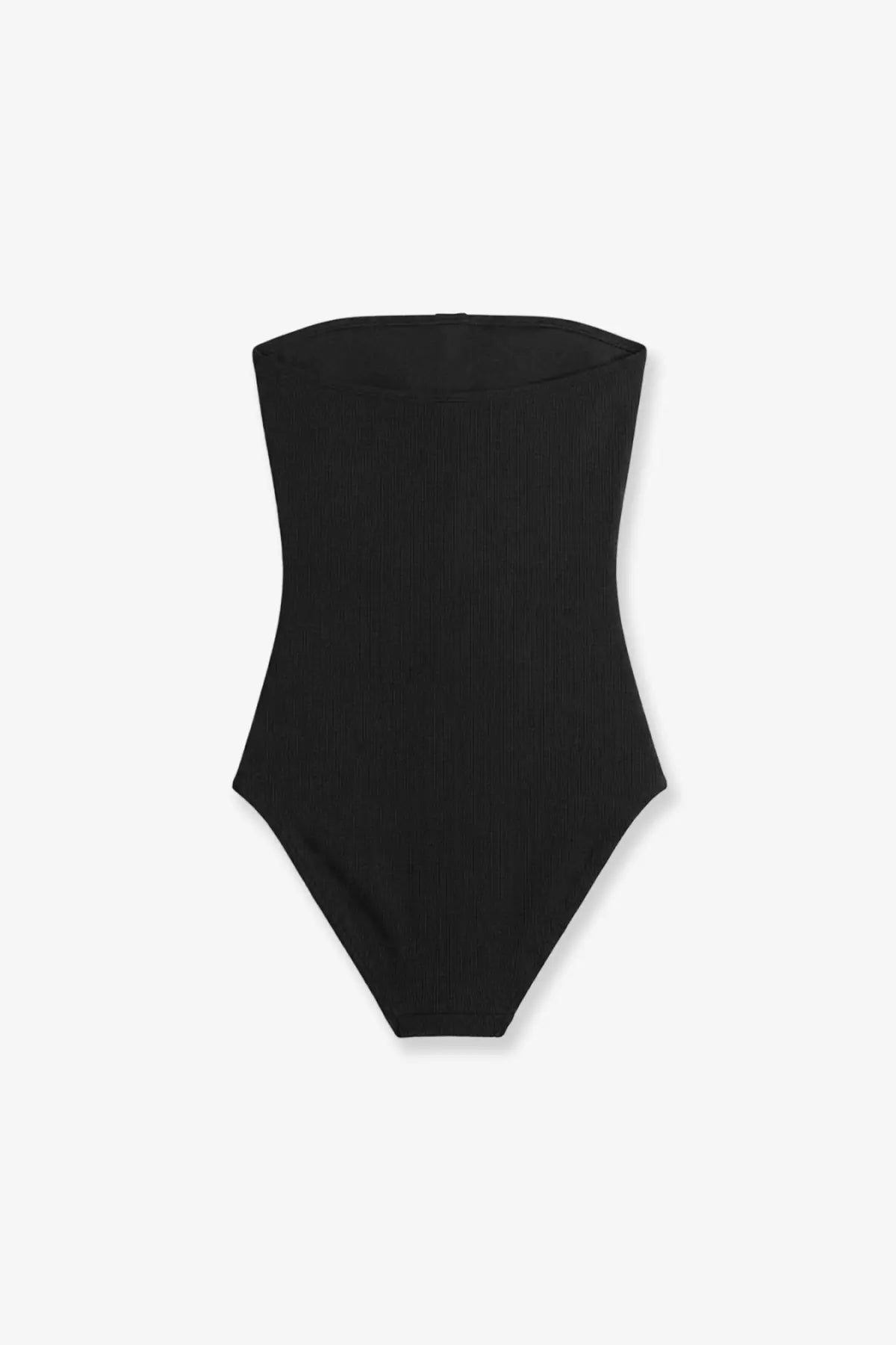 Toteme women’s black ribbed strapless one-piece swimsuit made from textured fabric for stylish beachwear