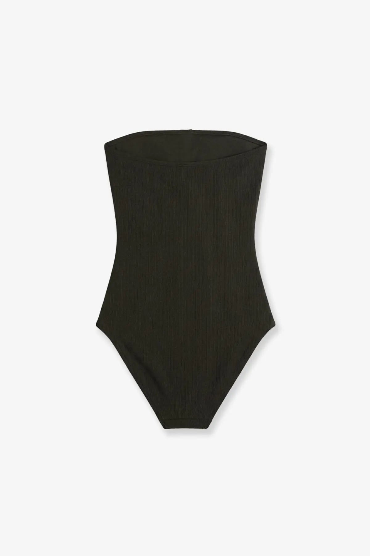 Black ribbed strapless one-piece swimsuit by Toteme featuring a sleek design ideal for beachwear and swimming