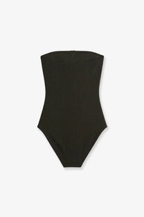 Black ribbed strapless one-piece swimsuit by Toteme featuring a sleek design ideal for beachwear and swimming