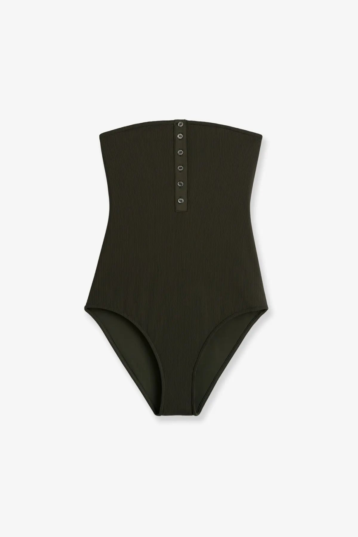 Back side of a sleek olive green ribbed one-piece swimsuit by Toteme with high-waisted cut and vertical button closure