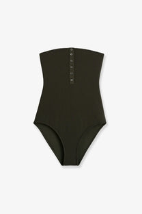 Back side of a sleek olive green ribbed one-piece swimsuit by Toteme with high-waisted cut and vertical button closure