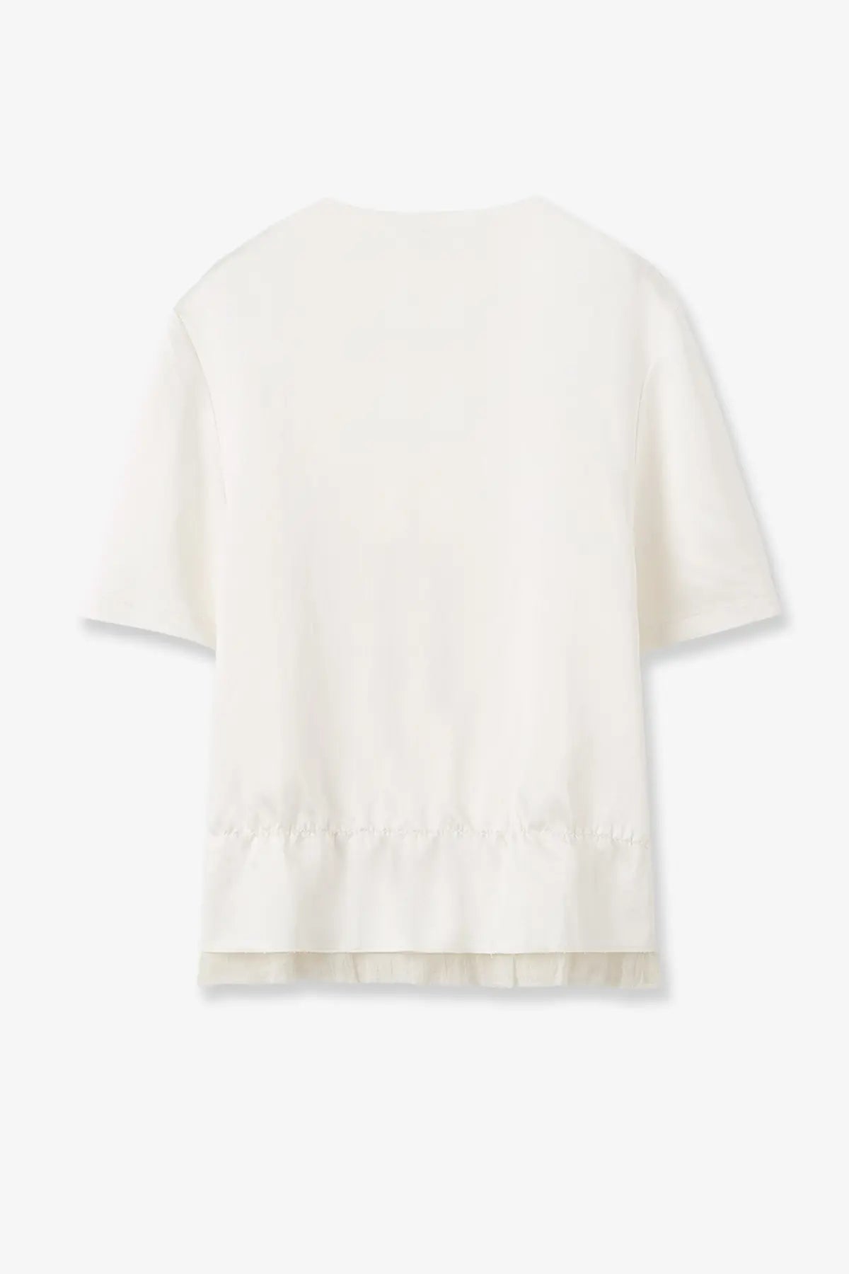Toteme women’s pullover satin top in white with soft off-white fabric short sleeves and delicate ruffled hem