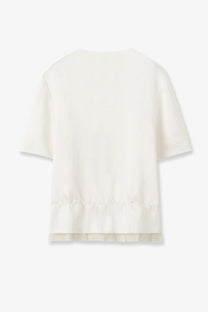 Toteme women’s pullover satin top in white with soft off-white fabric short sleeves and delicate ruffled hem