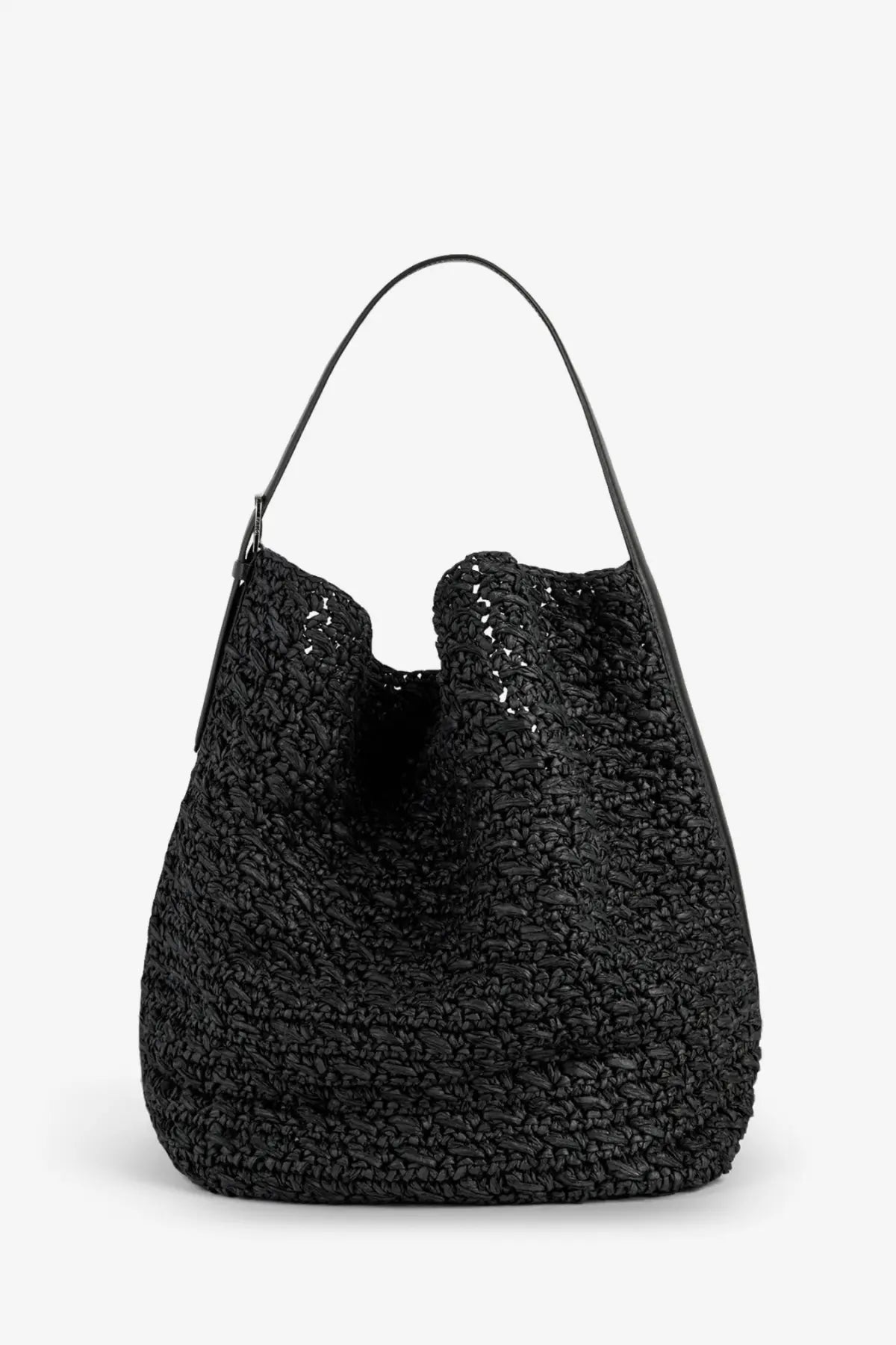 Toteme women’s raffia shoulder bag black featuring a woven straw body with a sleek leather handle