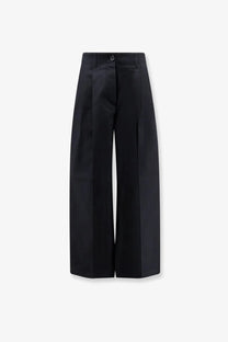 Toteme women’s black high-waisted wide-leg relaxed cotton trousers with tailored design and subtle front pleats