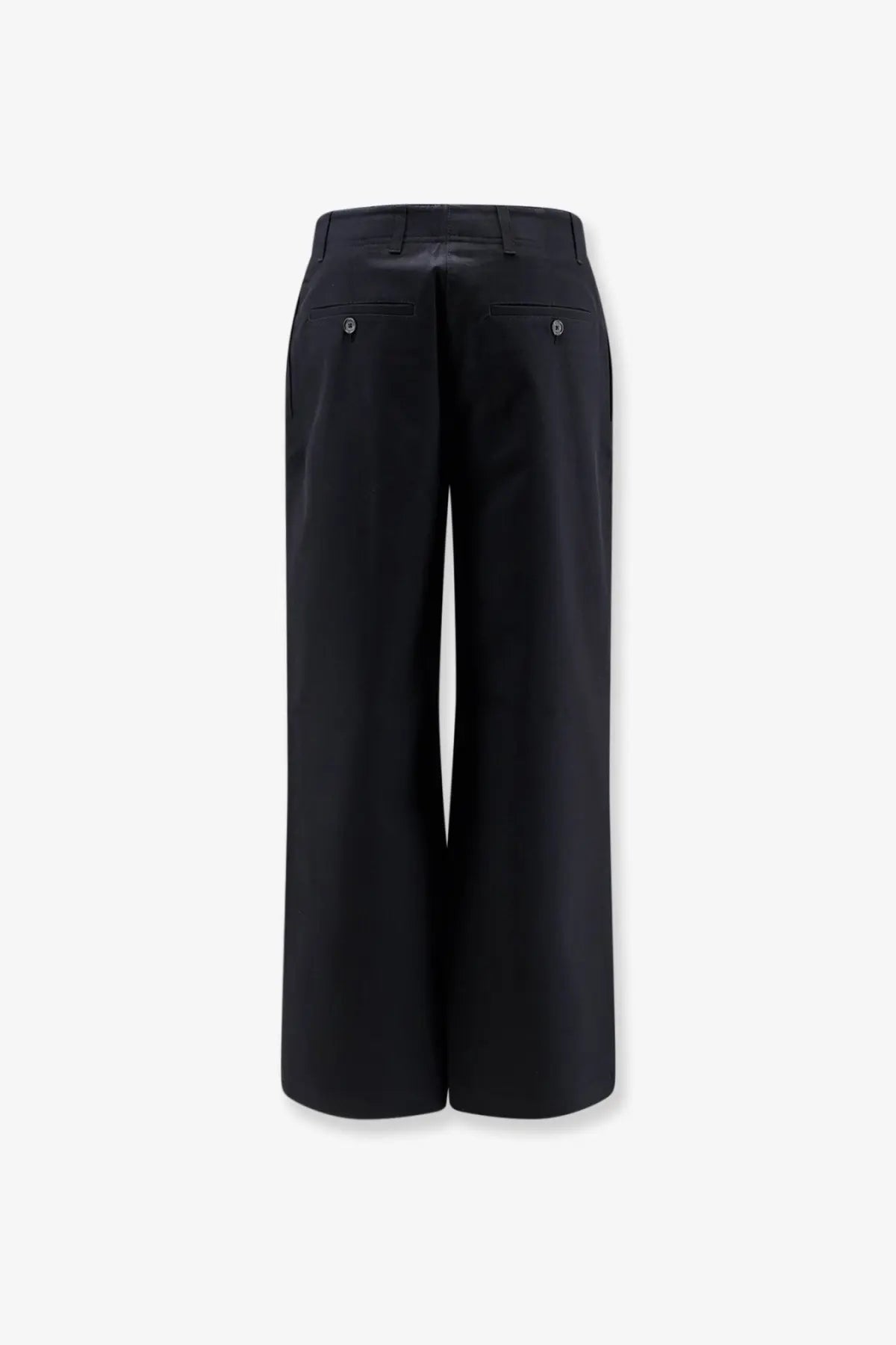 Toteme women’s black wide-leg cotton trousers with sleek tailored fit and metallic button-accented front pockets