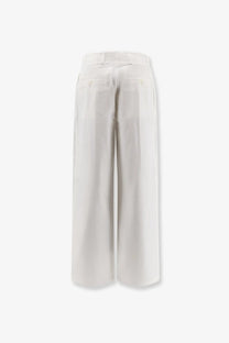 Toteme women’s cream-colored relaxed cotton wide-leg trousers with minimalist design and subtle waist pleats