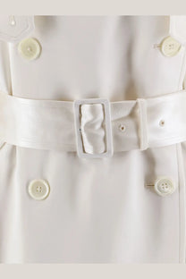 Toteme women’s white satin trench coat belt with matching rectangular buckle and subtle stitching details