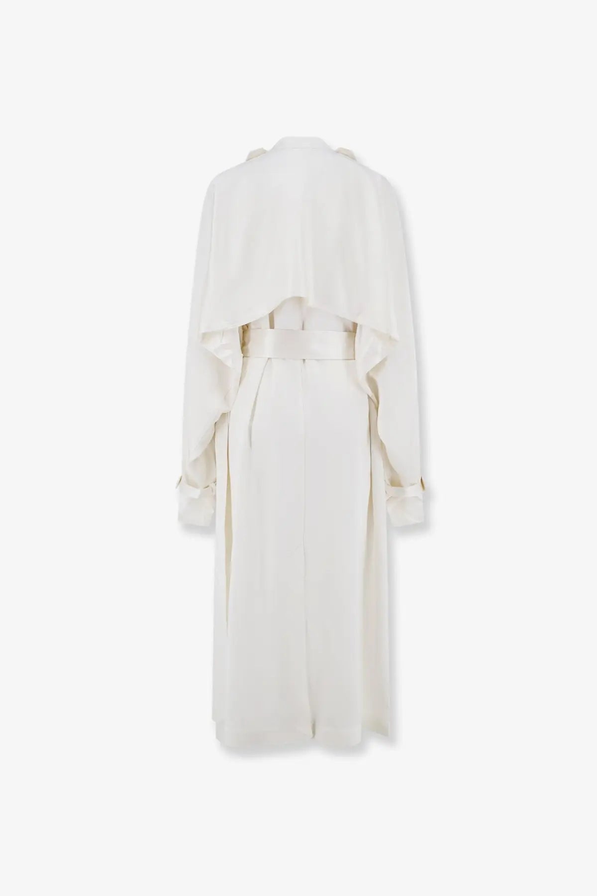 Toteme women’s satin trench coat in white with a belted waist and layered ruffled sleeves