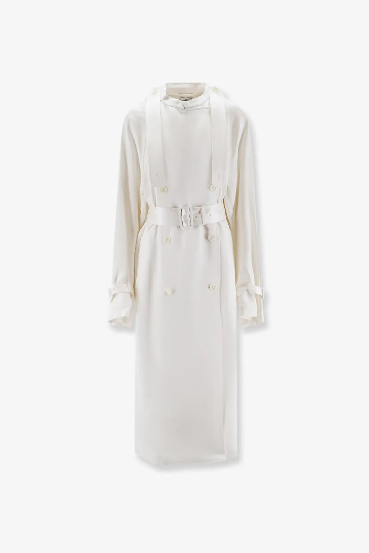 Toteme women’s satin trench coat white with belted waist and subtle button details in sleek off-white shade