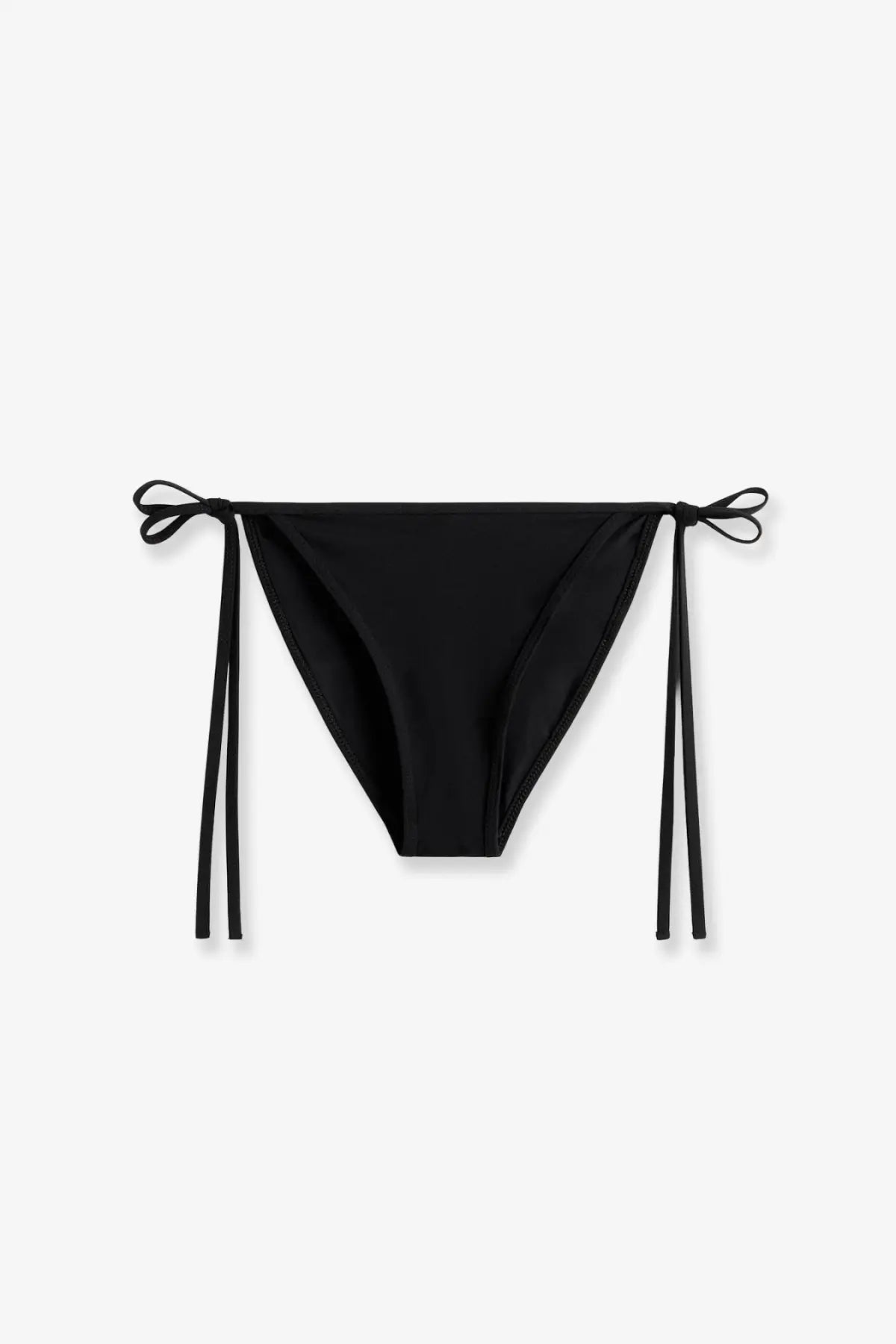 Toteme women’s scoop black nylon bikini bottom with black tied side ties showing front view