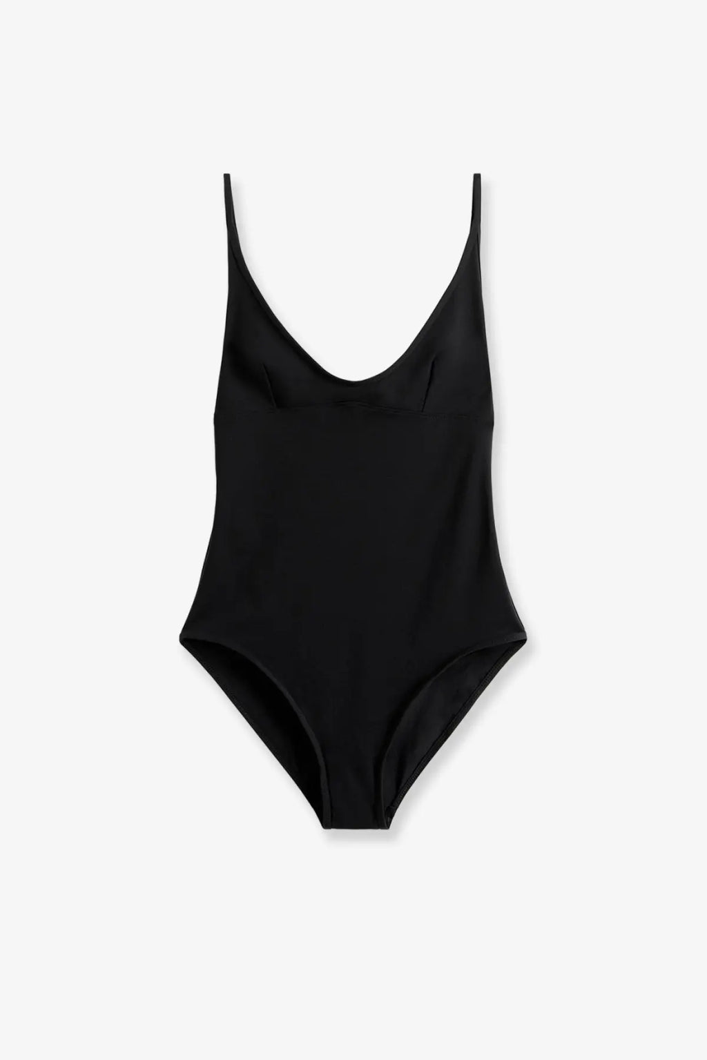 Toteme women’s black nylon one-piece swimsuit with thin spaghetti straps and a deep v-neckline