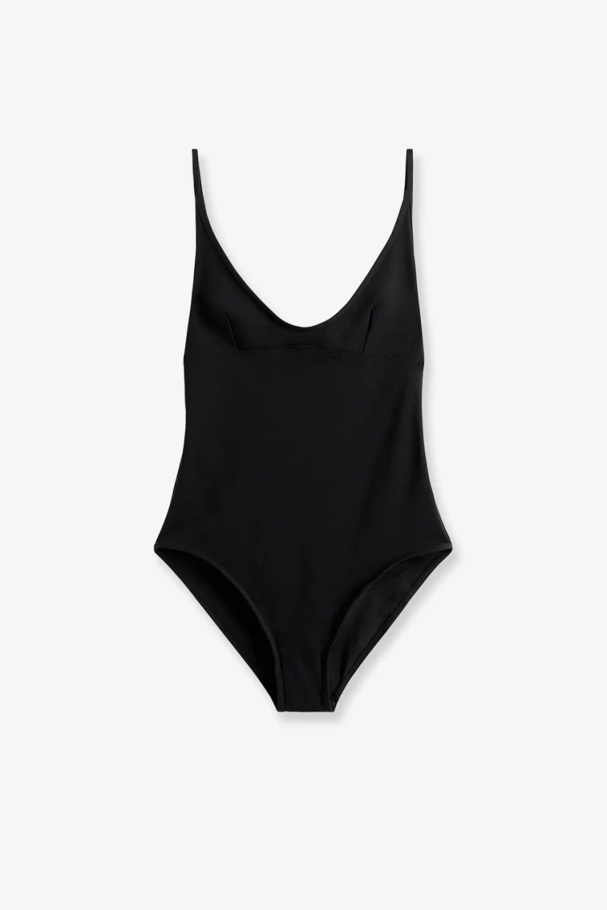 Toteme women’s black nylon one-piece swimsuit with thin spaghetti straps and a deep v-neckline