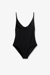 Toteme women’s black nylon one-piece swimsuit with thin spaghetti straps and a deep v-neckline
