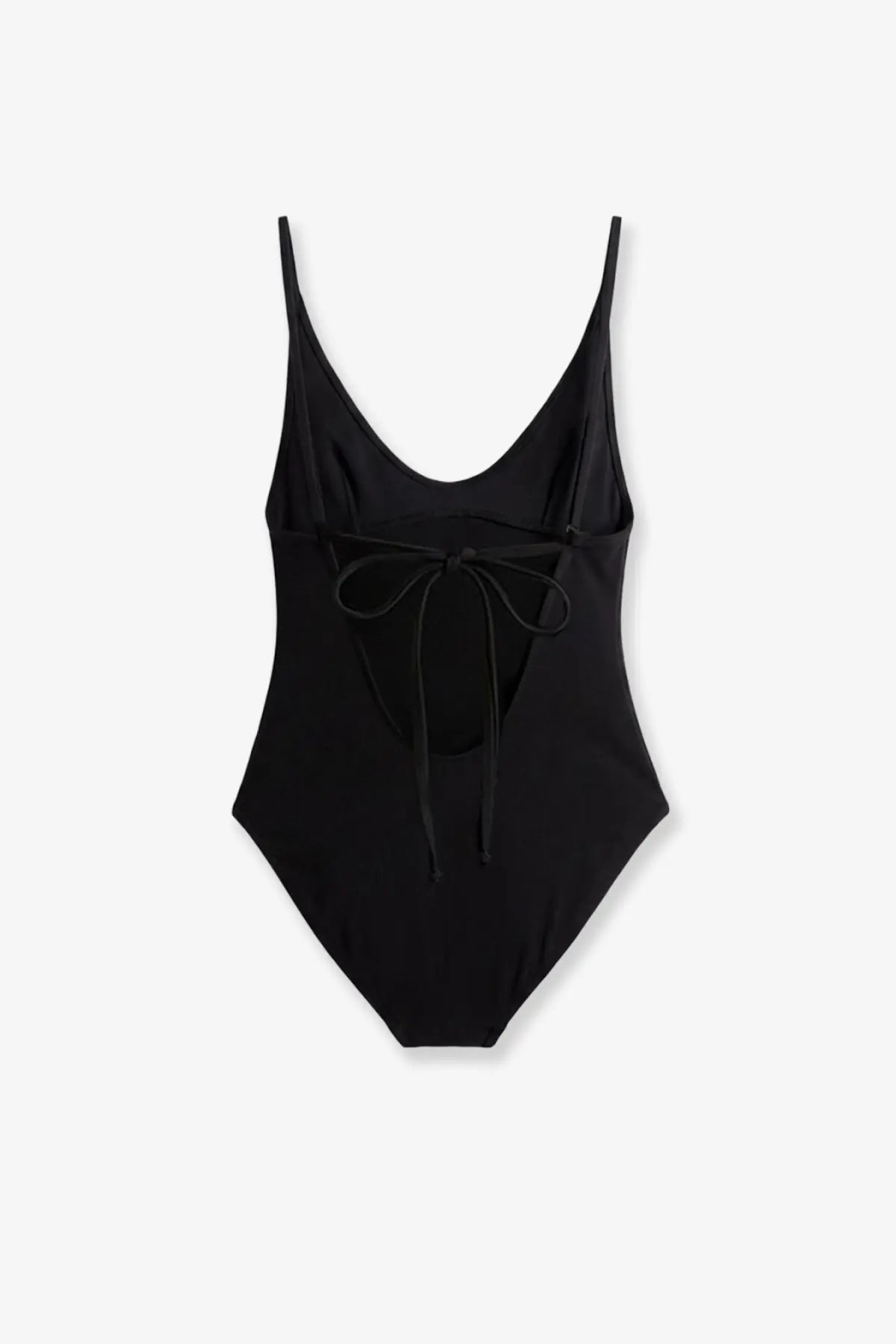 Toteme women’s black nylon one-piece swimsuit with thin straps and tied bow at the back shown from the back side