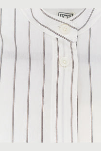 Toteme womens silk and cotton white dress featuring a white button-up blouse with thin black vertical stripes and textured fabric